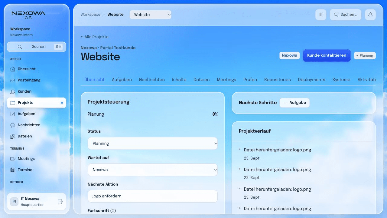NEXOWA OS: Projektdetails mit Projektsteuerung und Verlauf